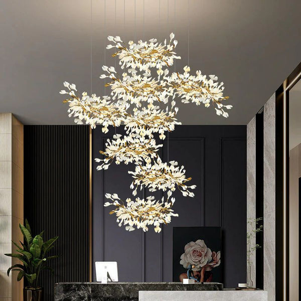 Ceramic Ginkgo Cascading Chandelier-chandeliers for dining room,chandeliers for stairways,chandeliers for foyer,chandeliers for bedrooms,chandeliers for kitchen,chandeliers for living room-118"H-All white leaves-Arialamps