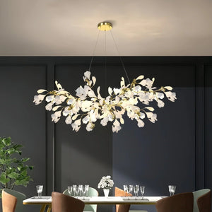 Ceramic Ginkgo Linear Branch Chandelier-All white leaves-L100CM (L39¼")-