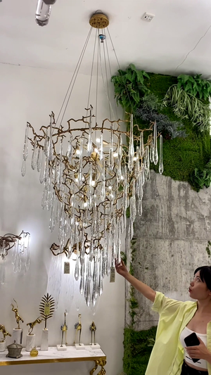 Chic Modern French Branch Copper Crystal Chandelier for Living Room Foyer and Dining Room Lighting-Chandeliers-Arialamps