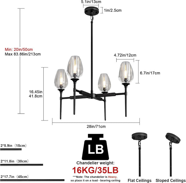 Crystal Black Adjustable 28" Tulip Pendant Chandelier with 4 Lights