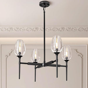 Crystal Black Adjustable 28" Tulip Pendant Chandelier with 4 Lights