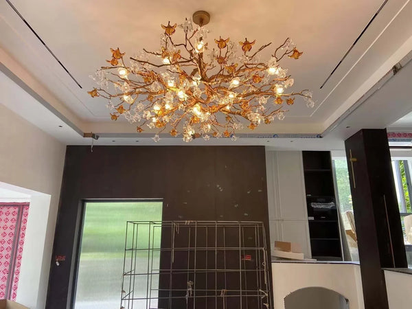 Designer Favorite Brass Branch Chandelier with Artistic Flower Glass for Dining Room Living Room and Kitchen Island-Chandeliers-Arialamps