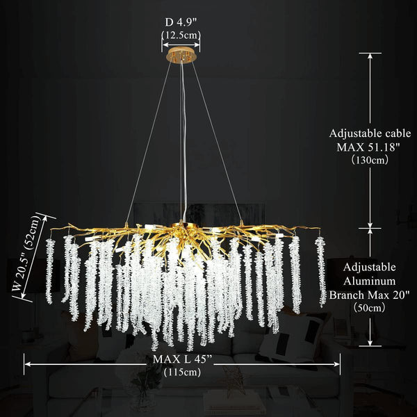 Doris White Crystal Rectangle Branch Chandelier Gold 45"L-Chandelier-Arialamps
