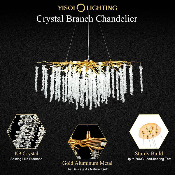 Doris White Crystal Rectangle Branch Chandelier Gold 45"L-Chandelier-Arialamps