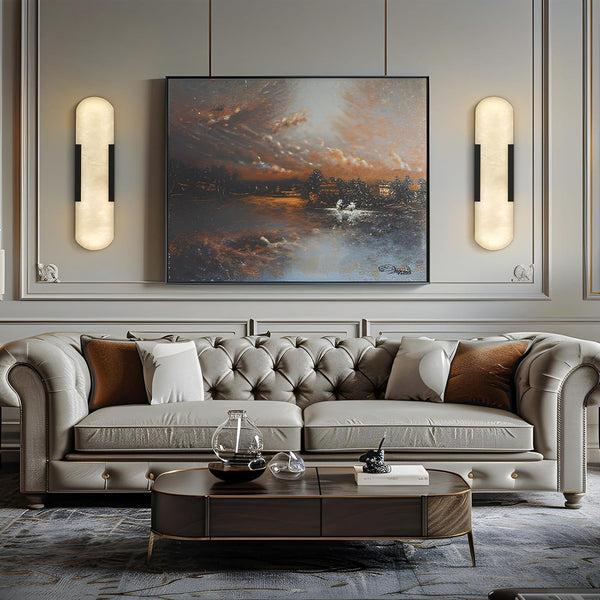 Elegant Black Alabaster Marble Wall Sconce Set of 2