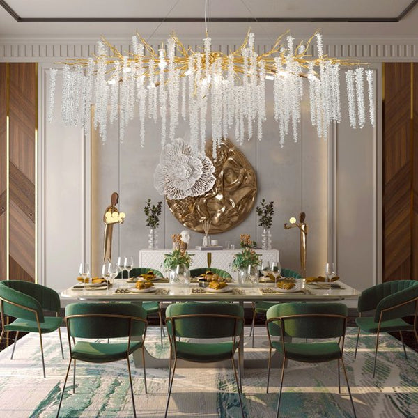 Elegant Crystal Icicle Chandelier in Branch Style for Dining Table Use-Chandeliers-Rectangle L55.1"*W19.7"*H15.7"/14 Lights/33.7kg-Gold-Warm Light-Arialamps