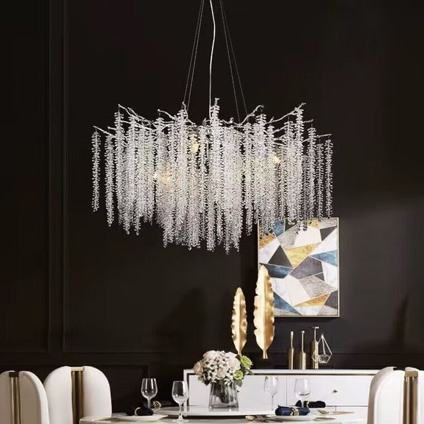Elegant Crystal Icicle Chandelier in Branch Style for Dining Table Use-Chandeliers-Round D23.6"/8 Lights-Chrome-Warm Light-Arialamps