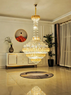 Luxury crystal chandelier lighting a grand entrance hall