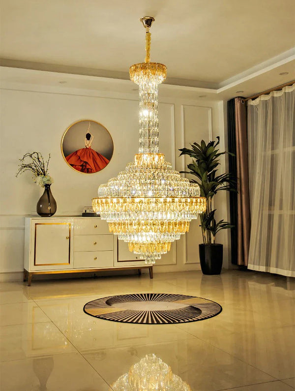 Luxury crystal chandelier lighting a grand entrance hall