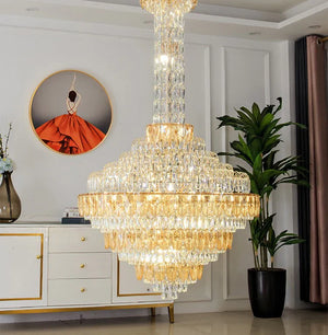 Luxury crystal chandelier lighting a grand entrance hall