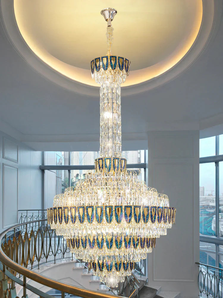 Large empire crystal chandelier installed in a grand foyer