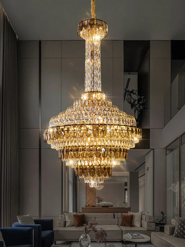 Crystal chandelier installed in a duplex loft staircase
