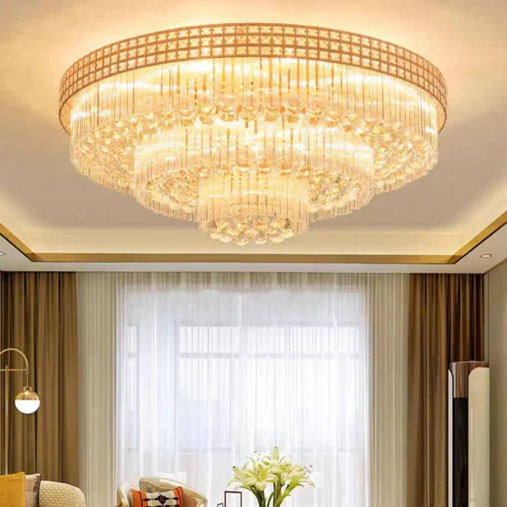 Extra Large Three Layers Round Luxury Flush Mounted Crystal Chandelier for Living Room - Arialamps