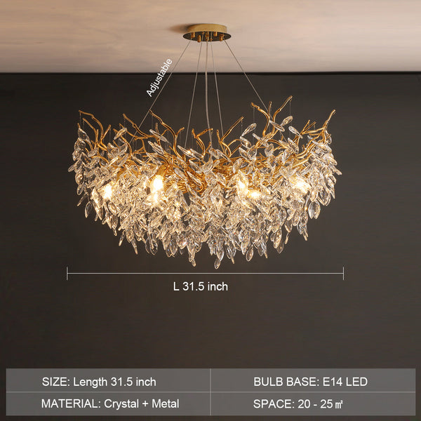 French Branch Crystal Chandelier with Elegant Crystal Leaves-Chandeliers-Round D 31.5"/10 Lights/18.9kg-Warm Light-Arialamps