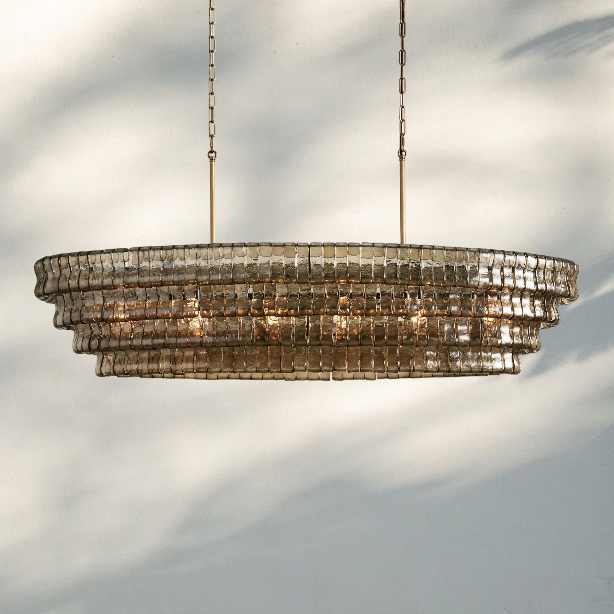 Ghiacio Glass Oval Chandelier 54''65''-Lacquered Burnished Brass-Smoke-65"
