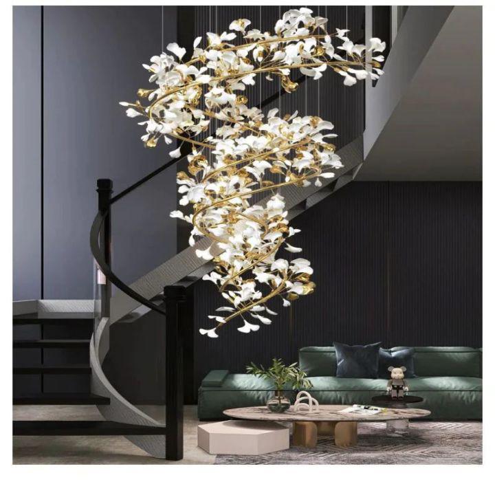 Ginkgo Cascading B (Spiral) Branch Chandelier-chandeliers for dining room,chandeliers for stairways,chandeliers for foyer,chandeliers for bedrooms,chandeliers for kitchen,chandeliers for living room-All white leaves-H150CM (H59")-Arialamps