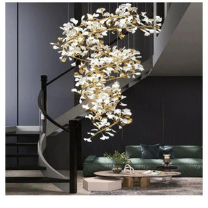 Ginkgo Cascading B (Spiral) Branch Chandelier-chandeliers for dining room,chandeliers for stairways,chandeliers for foyer,chandeliers for bedrooms,chandeliers for kitchen,chandeliers for living room-White + gold accents-H150CM (H59")-Arialamps