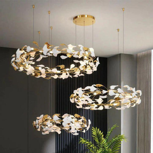 Ginkgo Rings Branch Chandelier-chandeliers for dining room,chandeliers for stairways,chandeliers for foyer,chandeliers for bedrooms,chandeliers for kitchen,chandeliers for living room-All white leaves-D39¼"+ D31½" +D23½"-Arialamps