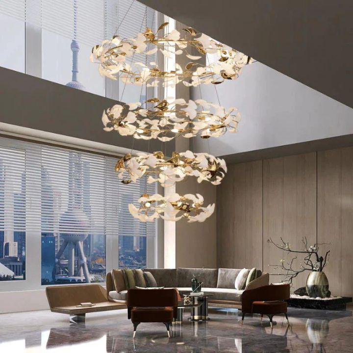 Ginkgo Rings Linear Branch Chandelier-chandeliers for dining room,chandeliers for stairways,chandeliers for foyer,chandeliers for bedrooms,chandeliers for kitchen,chandeliers for living room-All white leaves-D47¼"+D39¼"+ D31½" +D23½"-Arialamps