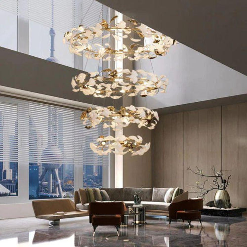 Ginkgo Rings Linear Branch Chandelier-chandeliers for dining room,chandeliers for stairways,chandeliers for foyer,chandeliers for bedrooms,chandeliers for kitchen,chandeliers for living room-All white leaves-D47¼"+D39¼"+ D31½" +D23½"-Arialamps