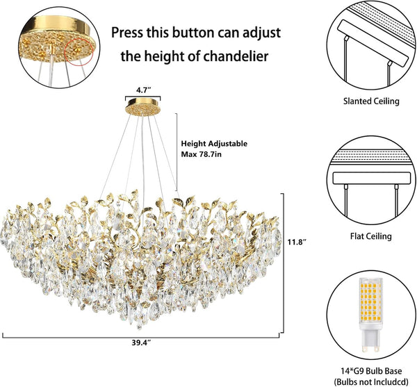 Gold Modern Crystal Tree Branch Leaf Chandelier for Home