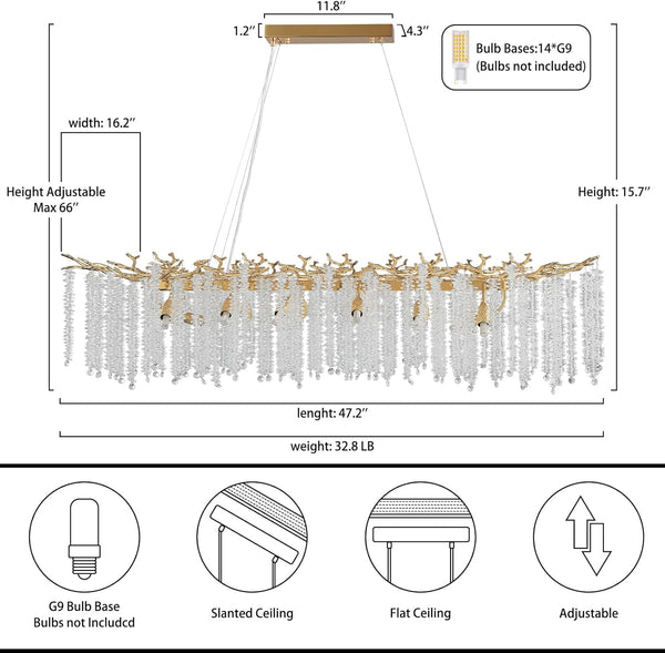 YUYI Gold Tree Branch Crystal Chandelier 47.2" Rectangular