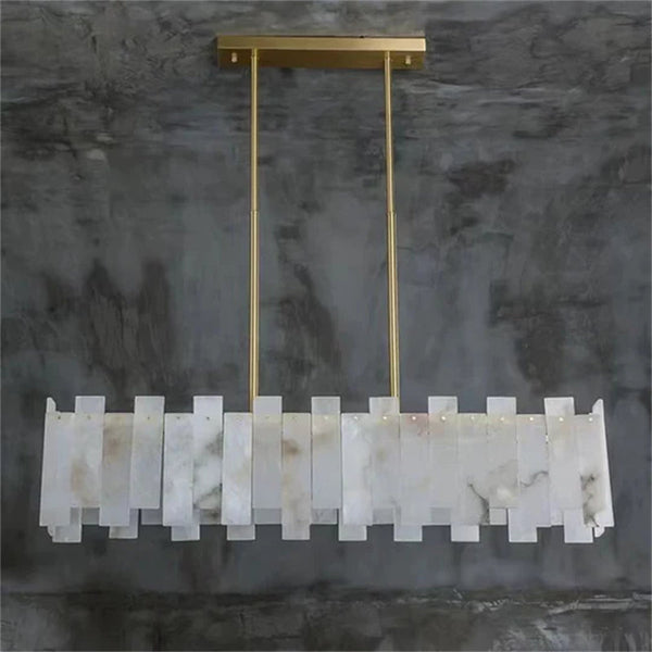 Jean Modern Marble Alabaster Linear Chandelier Over Dining Table chandelier Kevin Studio Inc
