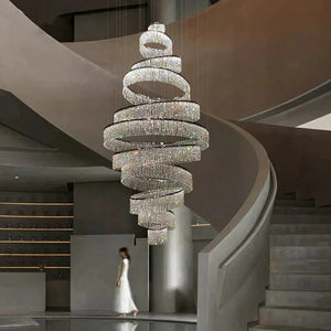 Long Crystal Tassel Rings Chandelier Extra Large Living Room Staircase High Ceiling Lighting Fixture - Arialamps