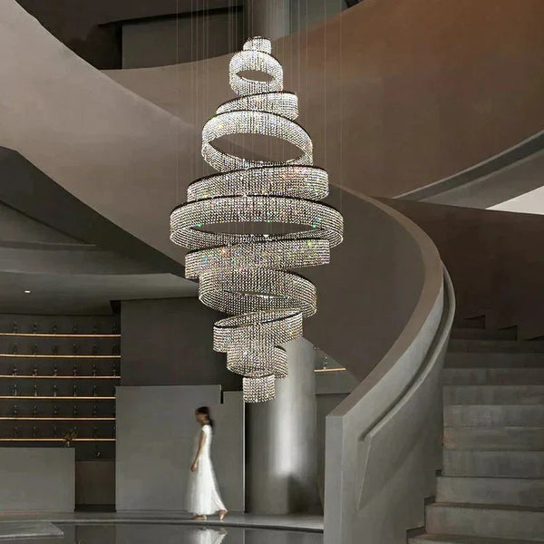Long Crystal Tassel Rings Chandelier Extra Large Living Room Staircase High Ceiling Lighting Fixture - Arialamps