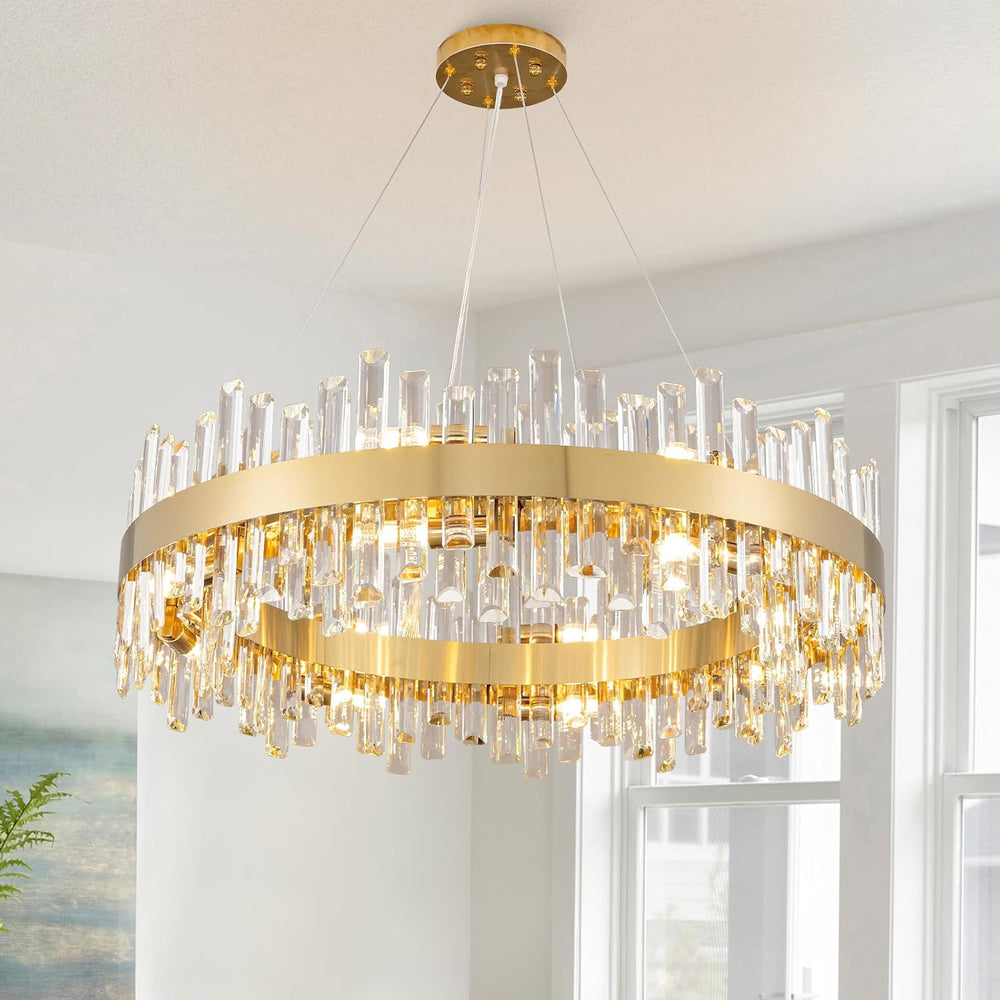 Luxurious 16-Light Brass Gold Crystal Chandelier – Modern Round 2‑Tier Design