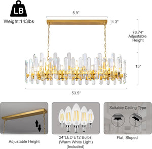 Luxury 54" Gold Crystal Chandelier – 24 Light Rectangular Fixture for Dining & Living Rooms