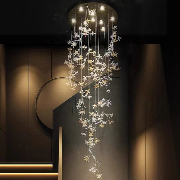 Luxury Branch Flower Crystal Chandelier for High Ceiling Staircase Foyer and Hallway Decor-Chandeliers-Arialamps