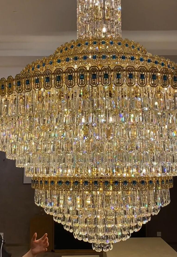 Luxury Extra Large Conical Funnel Crystal Chandelier with Sapphire for High Ceiling