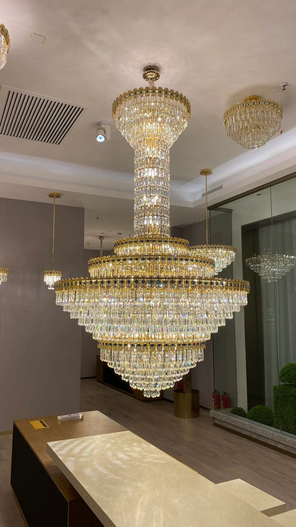 Luxury Extra Large Conical Funnel Crystal Chandelier with Sapphire for High Ceiling