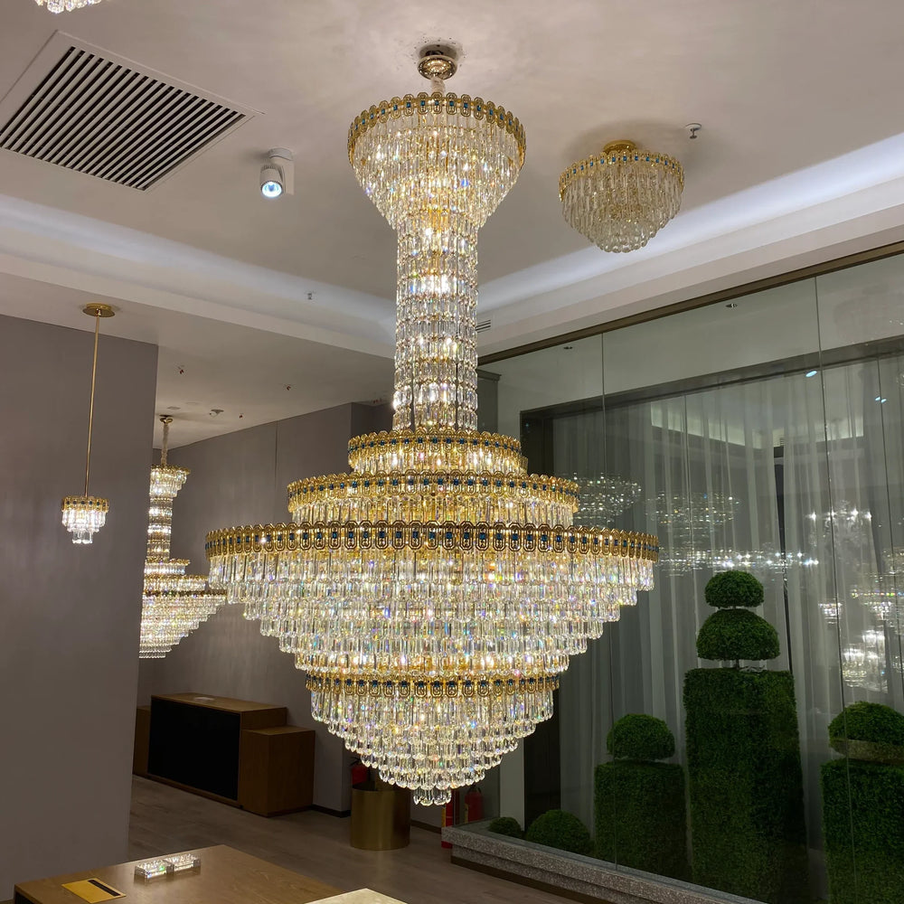 Luxury Extra Large Conical Funnel Crystal Chandelier with Sapphire for High Ceiling