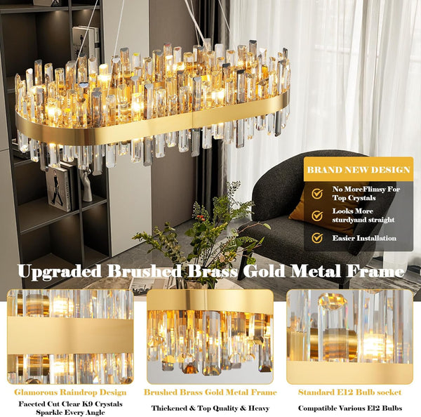 Luxury Gold 2-Tier Rectangular Crystal Chandelier 52" L Dining