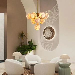 Mid Century Modern Sputnik 12 Light Gold Alabaster Globe Chandelier - Arialamps