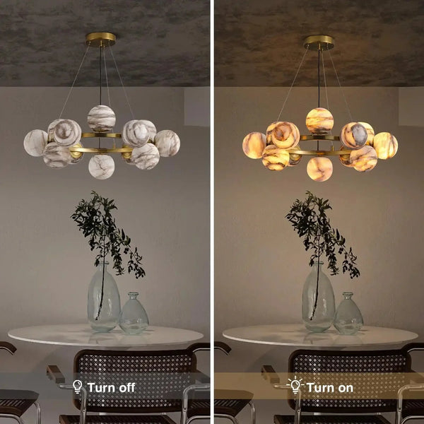 Mid Century Modern Sputnik 12 Light Gold Alabaster Globe Chandelier - Arialamps