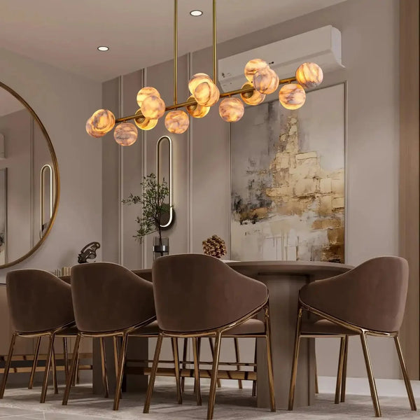 Mid Century Modern Sputnik 12 Light Gold Alabaster Globe Chandelier - Arialamps