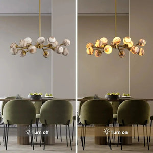 Mid Century Modern Sputnik 12 Light Gold Alabaster Globe Chandelier - Arialamps