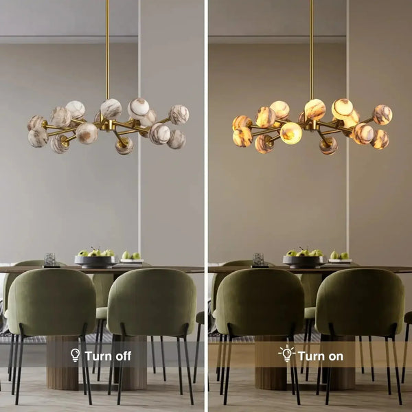 Mid Century Modern Sputnik 12 Light Gold Alabaster Globe Chandelier - Arialamps