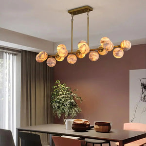 Mid Century Modern Sputnik 12 Light Gold Alabaster Globe Chandelier - Arialamps