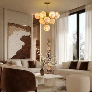 Mid Century Modern Sputnik 12 Light Gold Alabaster Globe Chandelier - Arialamps