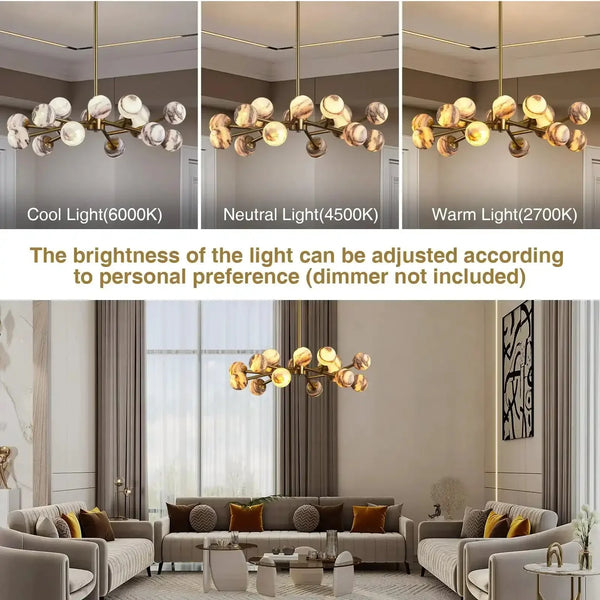 Mid Century Modern Sputnik 12 Light Gold Alabaster Globe Chandelier - Arialamps