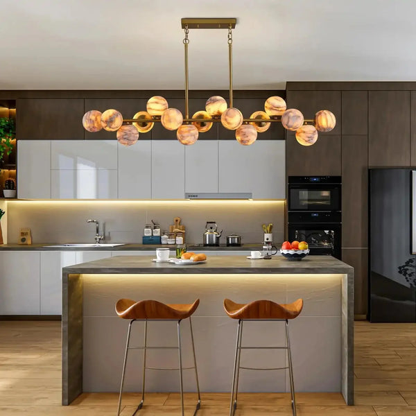 Mid Century Modern Sputnik 12 Light Gold Alabaster Globe Chandelier - Arialamps