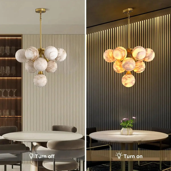 Mid Century Modern Sputnik 12 Light Gold Alabaster Globe Chandelier - Arialamps