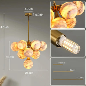 Mid Century Modern Sputnik 12 Light Gold Alabaster Globe Chandelier - Arialamps