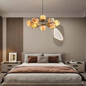 Mid Century Modern Sputnik 12 Light Gold Alabaster Globe Chandelier - Arialamps