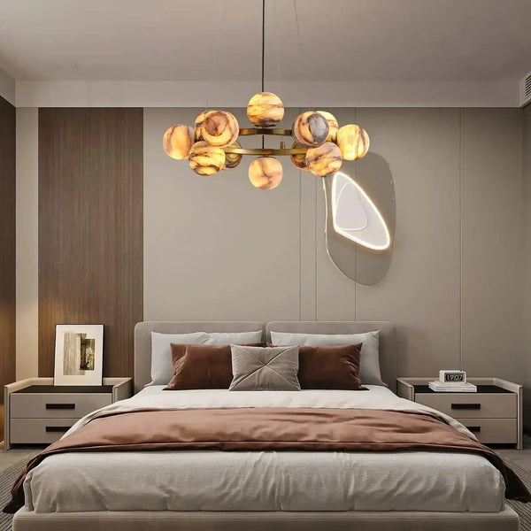 Mid Century Modern Sputnik 12 Light Gold Alabaster Globe Chandelier - Arialamps