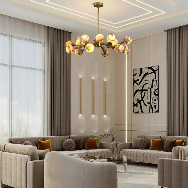 Mid Century Modern Sputnik 12 Light Gold Alabaster Globe Chandelier - Arialamps